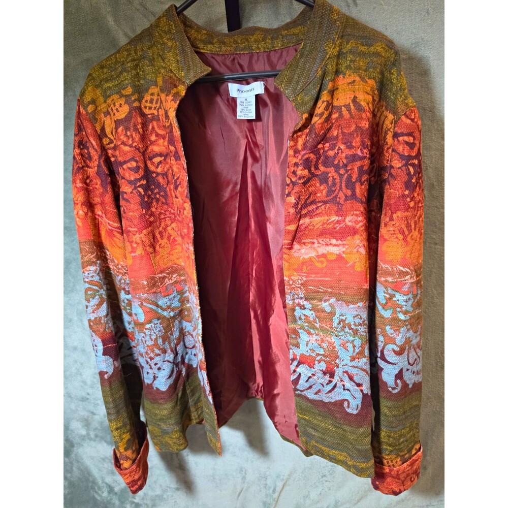 Phoenix Women's XL Linen Cotton Open Front Tapestry Jacket Floral Lined
